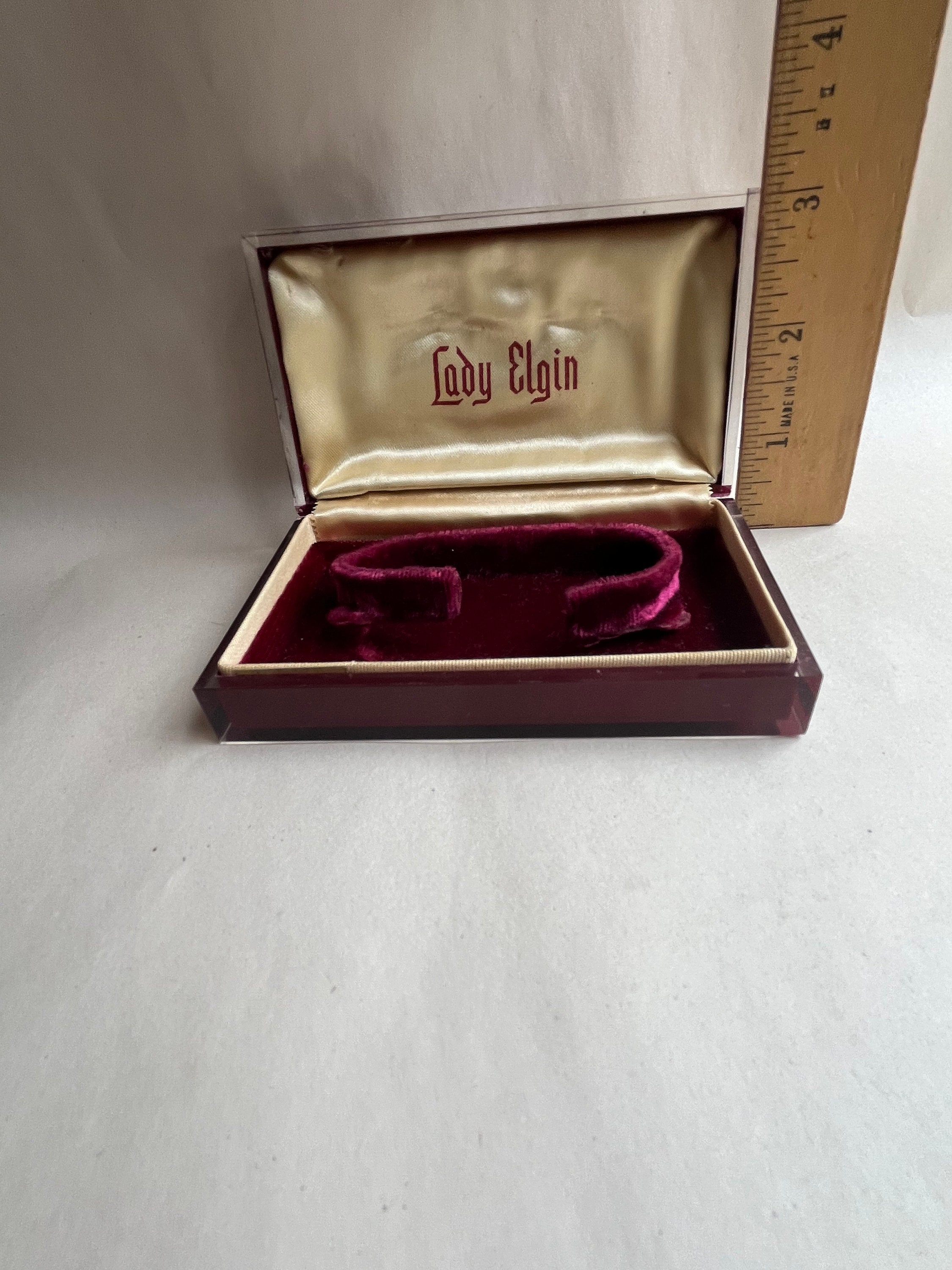 Vintage Lady Elgin Watch Case Box Burgundy Lucite Crest Display Jewelry Case Vintage Lady Elgin Burgundy Lucite Watch Case, Jewelry Gift  main image 2