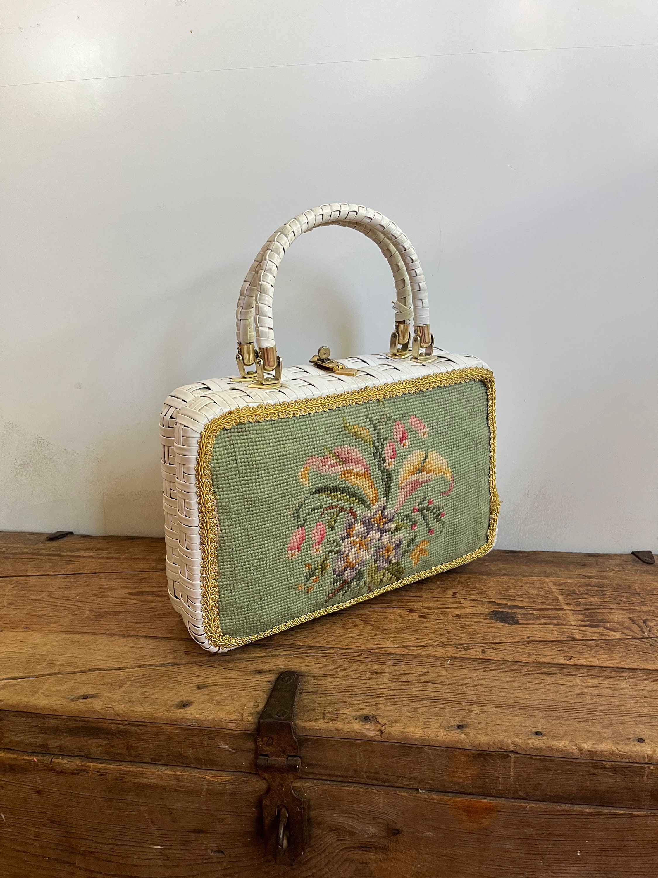 Vintage White Wicker Box Purse With Floral Needlework by Lesco