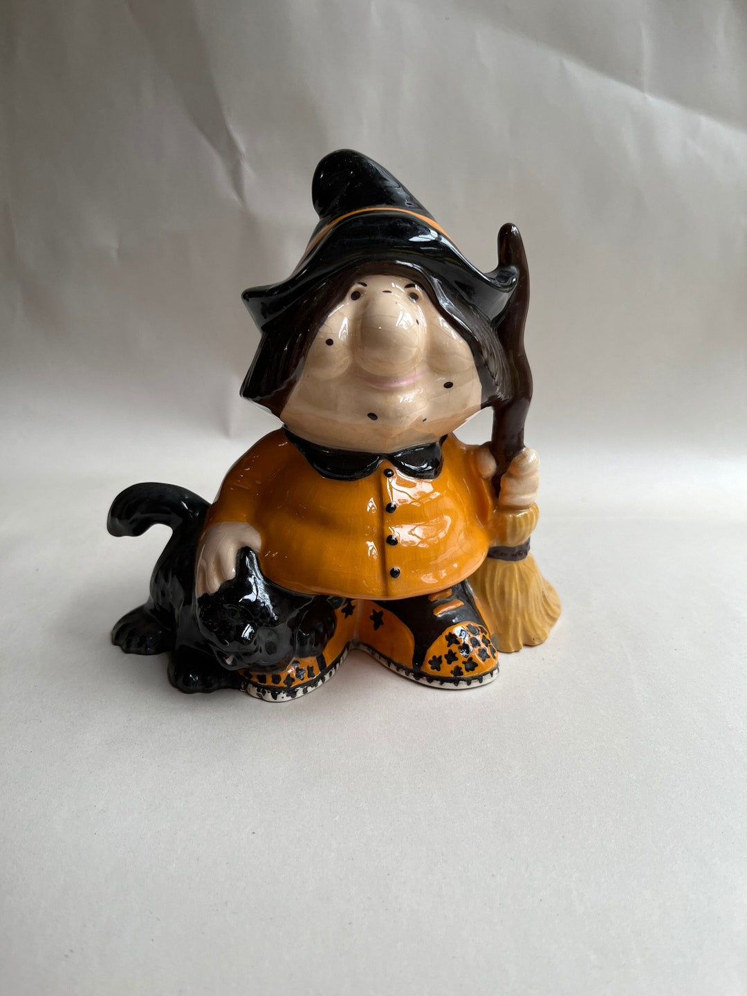 Vintage Kitschy Witch With Black Cat and Broom Ceramic Figure