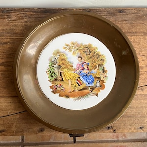Vintage Colonial Revival Brass Trimmed Porcelain Wall Plate