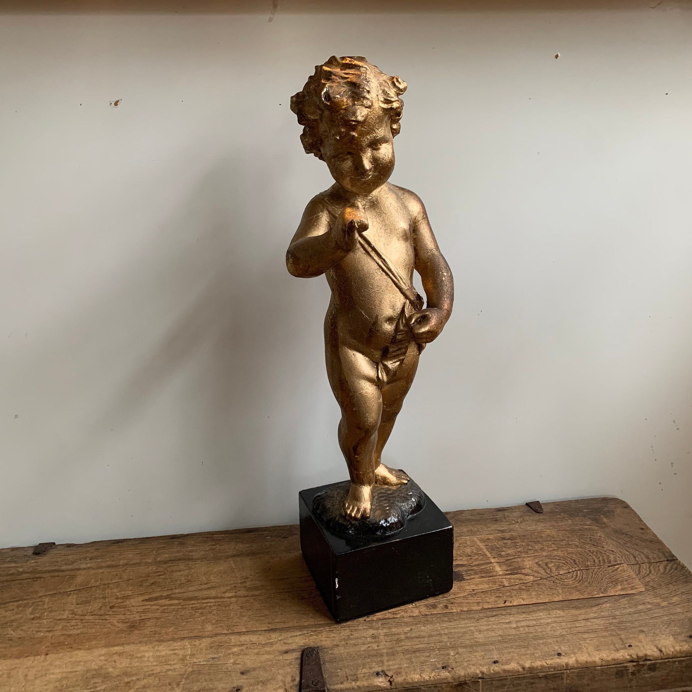 Vintage Gold Italian Putto Cherub Chalk Ware Statue Pinky Swear Angel