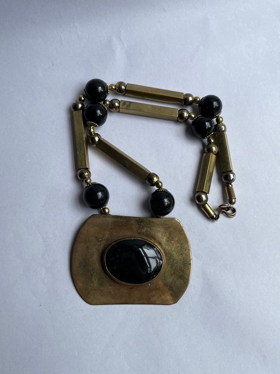 Vintage Modern Brutalist Black Onyx and Brass Nec… - image 1