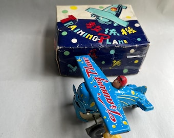 Vintage Blue Wind up Tin Toy Training Plane Airplane MS-011