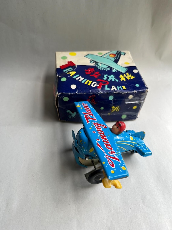 Training Plane Wind Up Airplane Toy Vintage Blue Wind Up Tin Toy