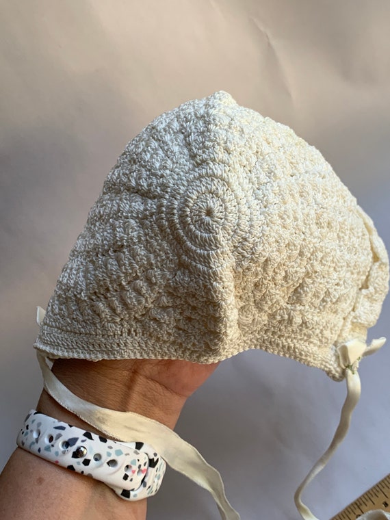 Vintage Off White Corded Crochet Baby Bonnet Hand… - image 7