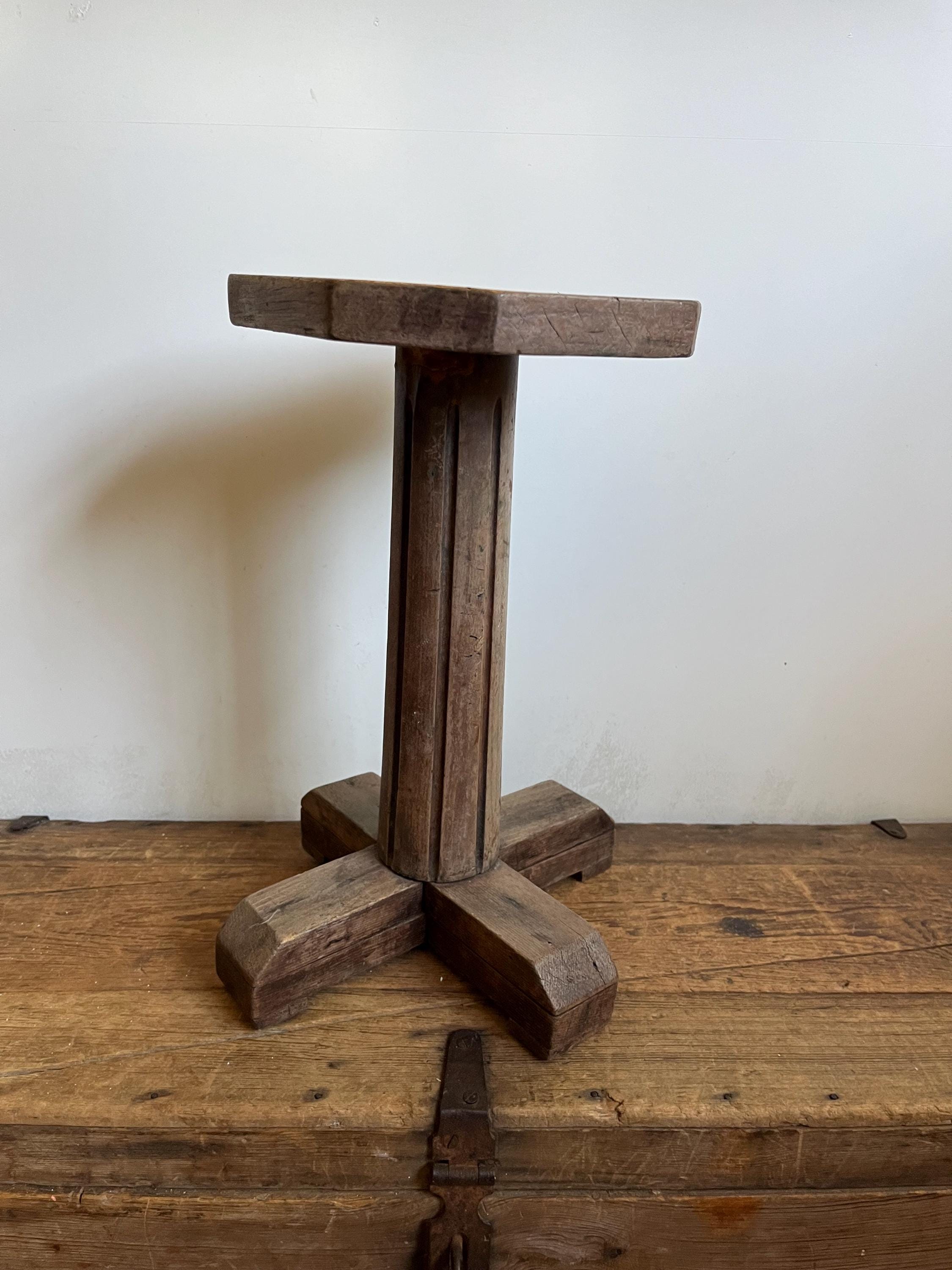 Primitive Cross Base Candle Stand With Octagonal Top, Antique Wood