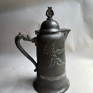 Antique Ornate Pewter Creamer with etched floral design