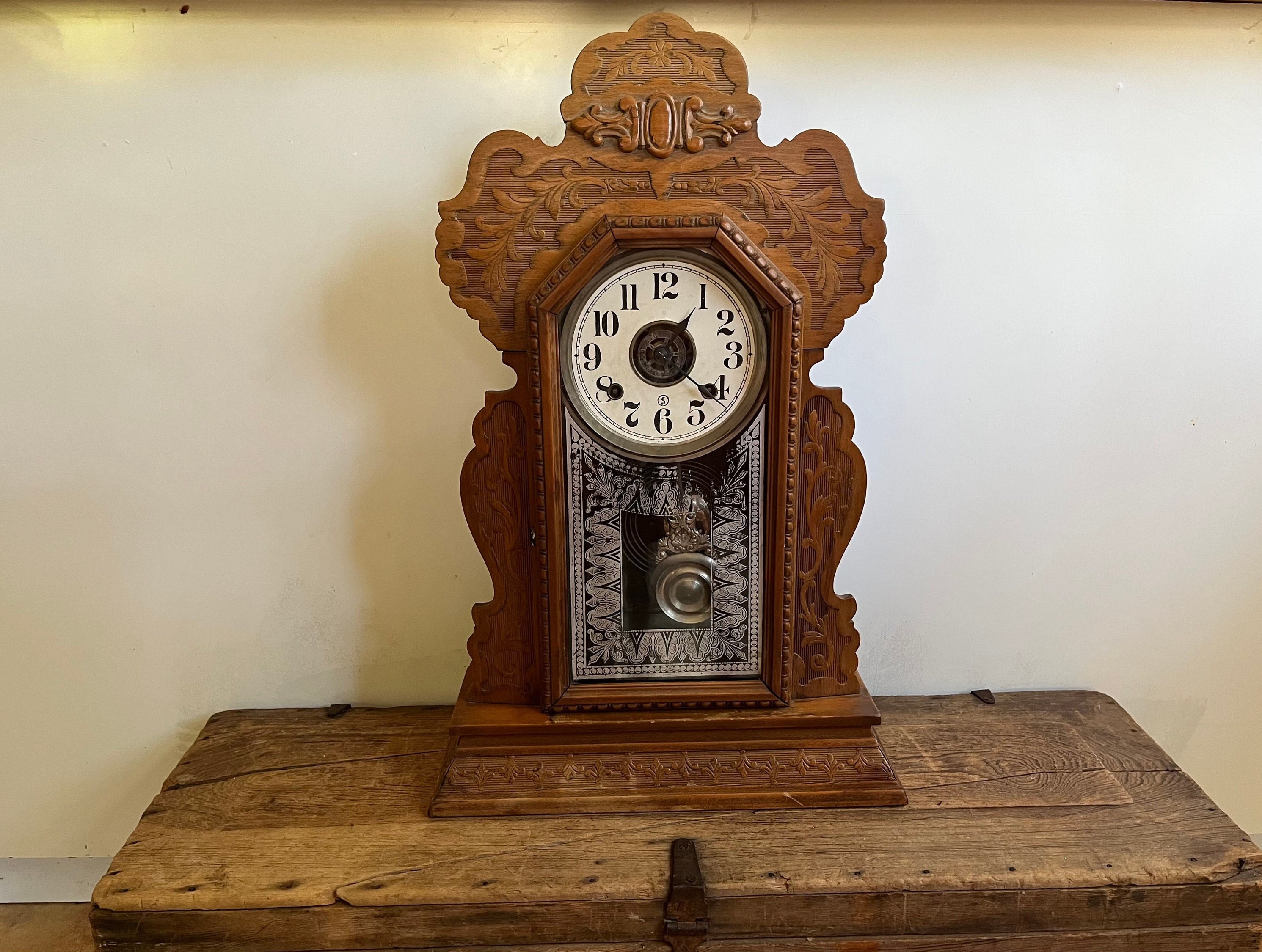 Antique Ansonia Pressed Oak Gingerbread Mantle Kitchen Clock