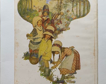 Antique Lilian A Govey Picking Wild Flowers Color Lithograph Whimsical Art Nouveau Illustration