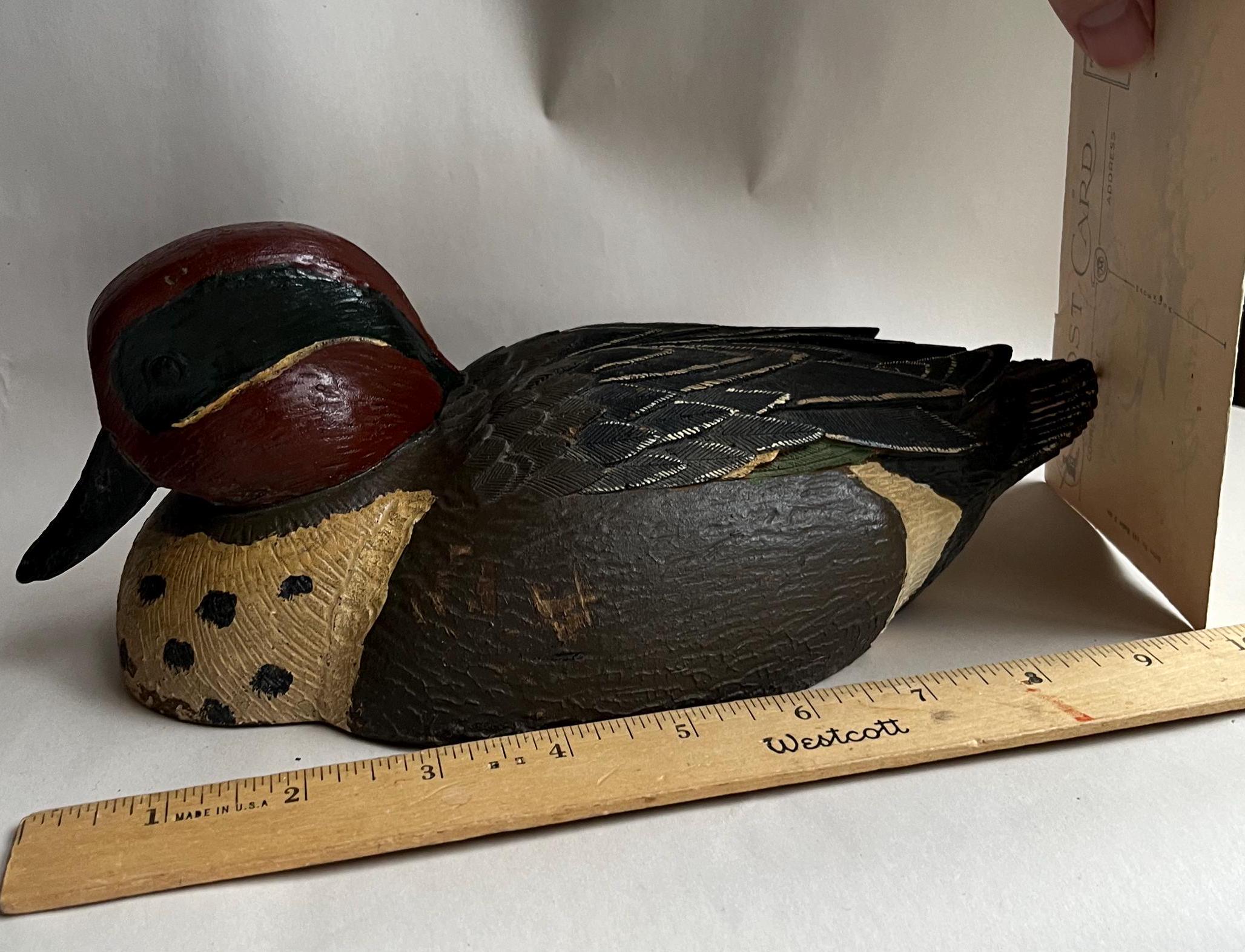 Vintage Hand Carved Wood Green Wing Teal Duck Decoy, Hand Painted