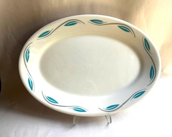 Vintage Homer Laughlin Best China Oval Platter Turquoise Leaf Atomic Pattern