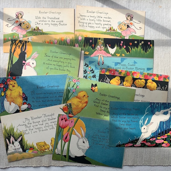 Art Nouveau Easter Greeting Bunny Rabbit Baby Duck Chick Tulips Post Card Animal Greeting Card Set