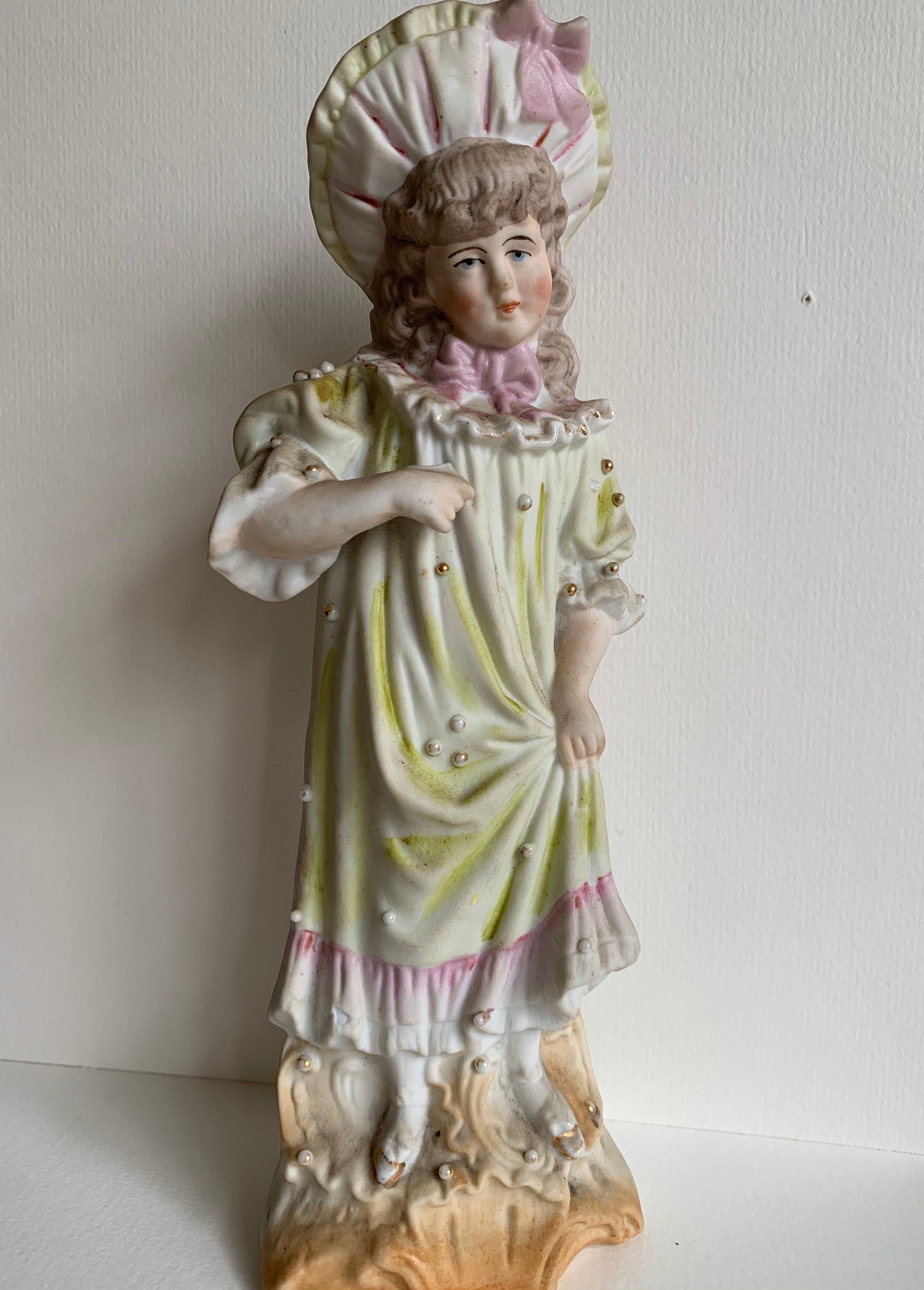 Antique German Bisque Porcelain Figurine‎ Girl Bonnet 5005 Floral Dress Antique German Bisque Figurine – 5.5 main image 2