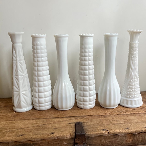 Vintage Tall Milk Glass Bud Vase Assortment, White Decor