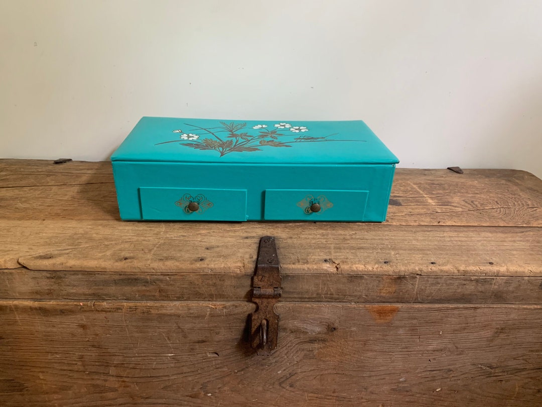 Vintage Turquoise Vinyl Jewelry Box With Mod 60s Floral & Etsy