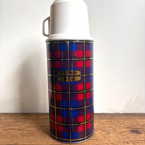 Vintage Plaid Thermos Limited England Flask Model 180, Blue and Red Tartan Pattern