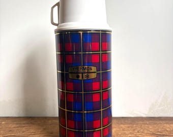 Vintage Plaid Thermos Limited England Flask Model 180, Blue and Red Tartan Pattern