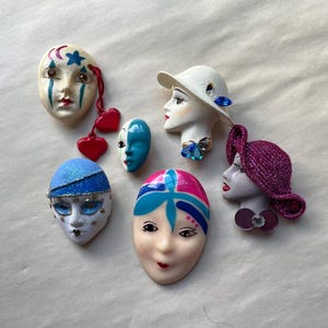 Vintage Clown Brooch Instant Collection, Venetian Mask, Womens Silhouette, Mime Clown, Clown Mask Pin