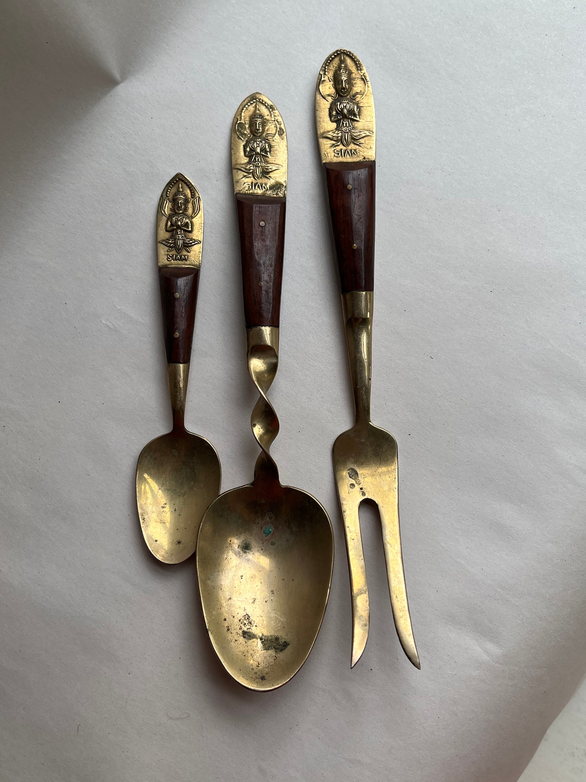 Midcentury Siam Bronzeware Flatware Set: Teak Wood, Buddha Decor