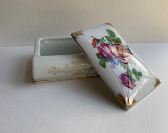 Vintage Book Shaped Trinket Box Antique Floral Rose Motif Japan