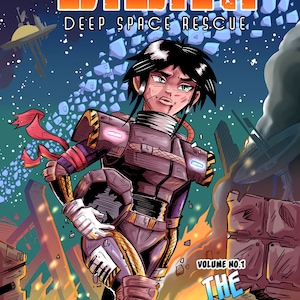 Puede incluir: Una portada de cómic con un personaje femenino en un entorno futurista. La portada se titula "D.S.R. Deep Space Rescue" y el subtítulo es "Volumen No. 1 The Jump!" El personaje lleva un traje blindado gris oscuro y negro con una bufanda roja. El fondo es una escena espacial azul oscuro con estrellas y una nave espacial destruida.