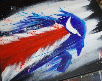 May include: Abstract painting on canvas with a blue, red, and white design. The design resembles a bird in flight with a white streak of light coming from its beak.
