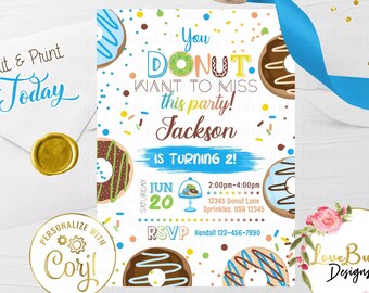 Donut Birthday Invitation, Donut Invite, Boy Donut Invitation Printable Download - Style 5- Instant download