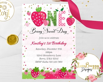 Strawberry 1st Birthday Invitation Template, 1st Birthday Editable Invitation, Berry Sweet Birthday  - Instant Download