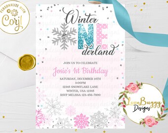 Winter Onederland 1st Birthday Invitation, Snowflake Invitation, Winter Wonderland Birthday Style 1- Instant Download
