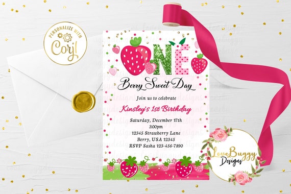 Strawberry 1st Birthday Invitation Template, 1st Birthday Editable Invitation, Berry Sweet Birthday - Instant Download Il_570xn