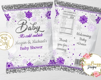 Winter Wonderland Chip Bag, Snowflake Baby Shower Chip Bag, Baby It's Cold outside - Silver & Purple Style 6 - Instant Download