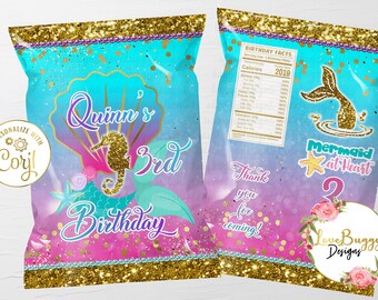 Mermaid Birthday Chip Bag, Mermaid Favor Bag, Mermaid Chip Bag Template, Mermaid Party Bag Editable Bag - Style 3 - Instant Download