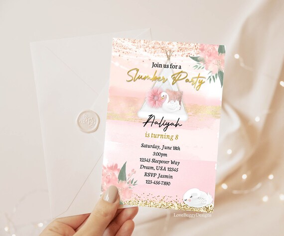 Birthday Sleepover Invitation printable for a Pajama Party or Slumber Party, Editable Swan Birthday Invitation Card - 5x7 - Instant Download Il_570xn
