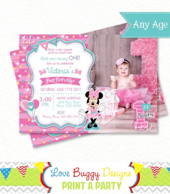 Minnie Mouse 1st Birthday Invitations Pink And Aqua Style 1 Etsy