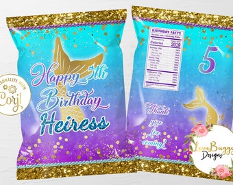 Mermaid Birthday Chip Bag, Mermaid Favor Bag, Mermaid Chip Bag Template, Mermaid Party Bag Editable Bag - Style 2 - Instant Download