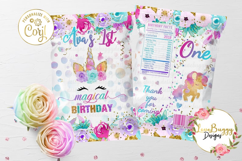 unicorn chip bag printable birthday chip bag unicorn favor etsy