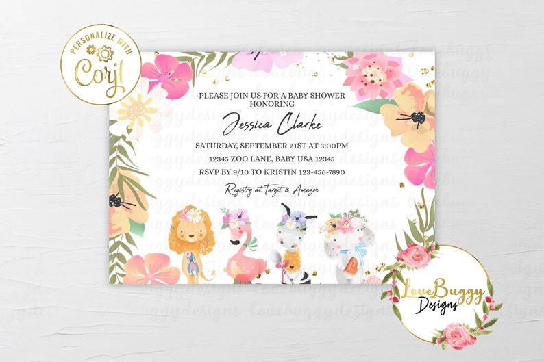 Zoo Animals Baby Shower Invitation Template Girl Editable Etsy
