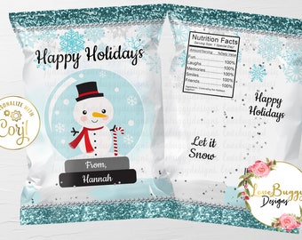 Snowman Christmas Chip Bag, Happy Holidays Favor Bag, Style 6 - Instant Download