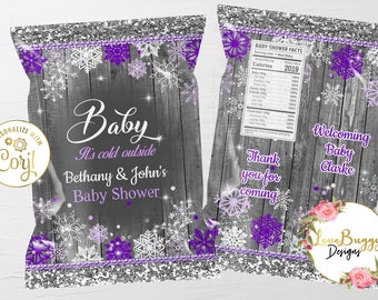 Winter Wonderland Chip Bag, Snowflake Baby Shower Chip Bag, Baby It's Cold outside - Rustic Silver & Purple Style 9 - Instant Download