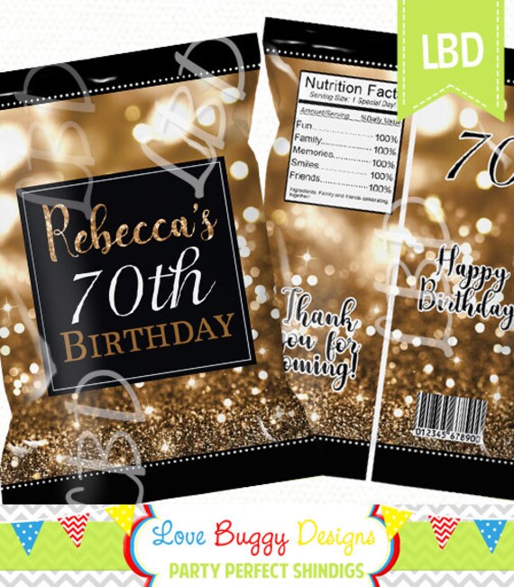 70th Birthday Chip Bag Printable, Gold, Sparkle, Black Party Bags 4.5