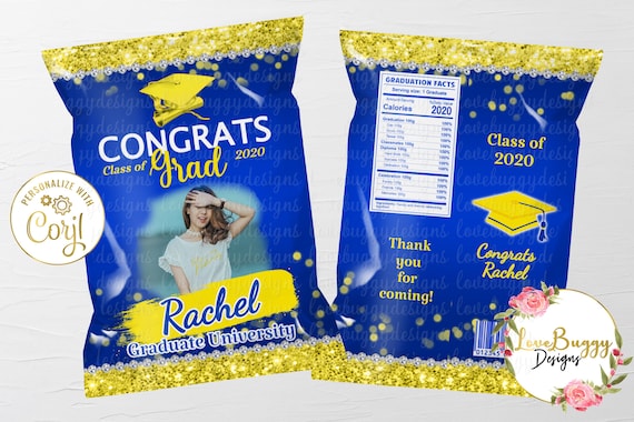 Graduation Chip Bag Grad Favor Bag Graduation Favor Template Editable Chip Bag Printable Chip Bag Style 35 Yellow Blue By Lovebuggydesigns Catch My Party