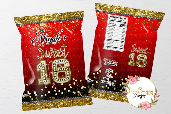 16th Birthday Chip Bag ,Sweet 16 Chip Bag, Age 16 Only, You Edit, Style 3, Red, Gold, Black, INSTANT DOWNLOAD Il_570xn