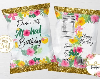 Hawaiian Birthday Chip Bag, Luau Birthday Chip Bag, Floral Chip Bag - Instant Download