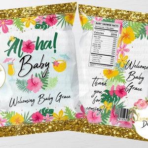 Hawaiian Baby Shower Chip Bag, Luau Baby Shower Chip Bag, Floral Chip Bag - Instant Download