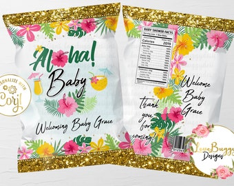 Hawaiian Baby Shower Chip Bag, Luau Baby Shower Chip Bag, Floral Chip Bag - Instant Download