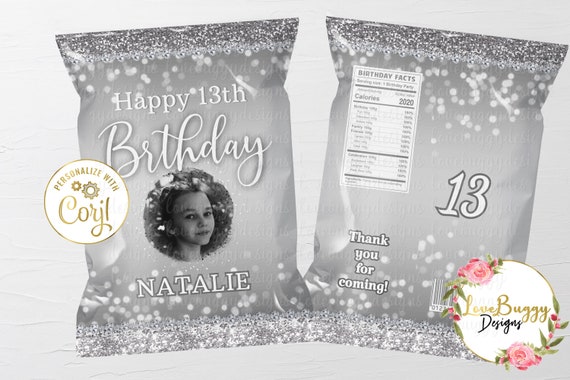 Birthday Chip Bag, Silver Sparkle Bag, Birthday Favor Printable, Editable Chip Bag, Printable Chip Bag - Any Age - Instant download Il_570xn