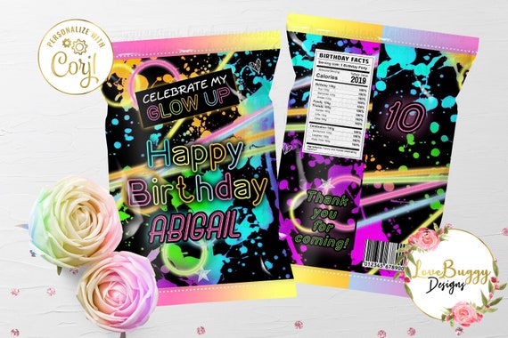 Glow in the Dark Chip Bag Printable, Glow Favor Bag, Glow Up Chip Bag Template, Glow Party Bag Editable Bag - Style 1 - instant download Il_570xn