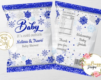 Winter Wonderland Chip Bag, Snowflake Baby Shower Chip Bag, Baby It's Cold outside - Silver & Royal Blue Style 7 - Instant Download