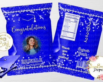 Graduation Chip Bag | Grad Favor Bag | Graduation Favor Printable | Editable Chip Bag | Printable Chip Bag | Style 32 Royal Blue - Instant