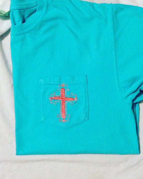 Lagoon Blue Comfort Colors Cross Tee Monogrammed Pocket Etsy